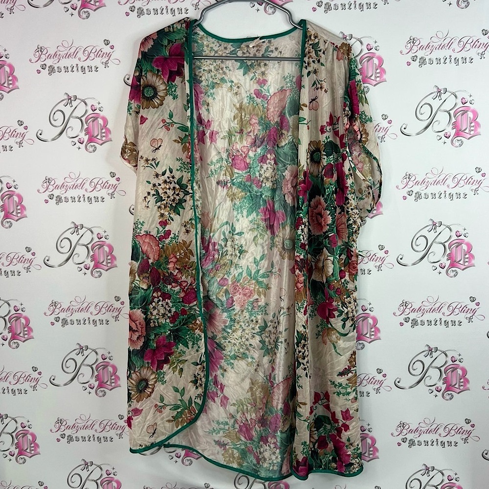 Avon robe flowers vintage shiny shimmer Floral Sheer Kimono Cardigan